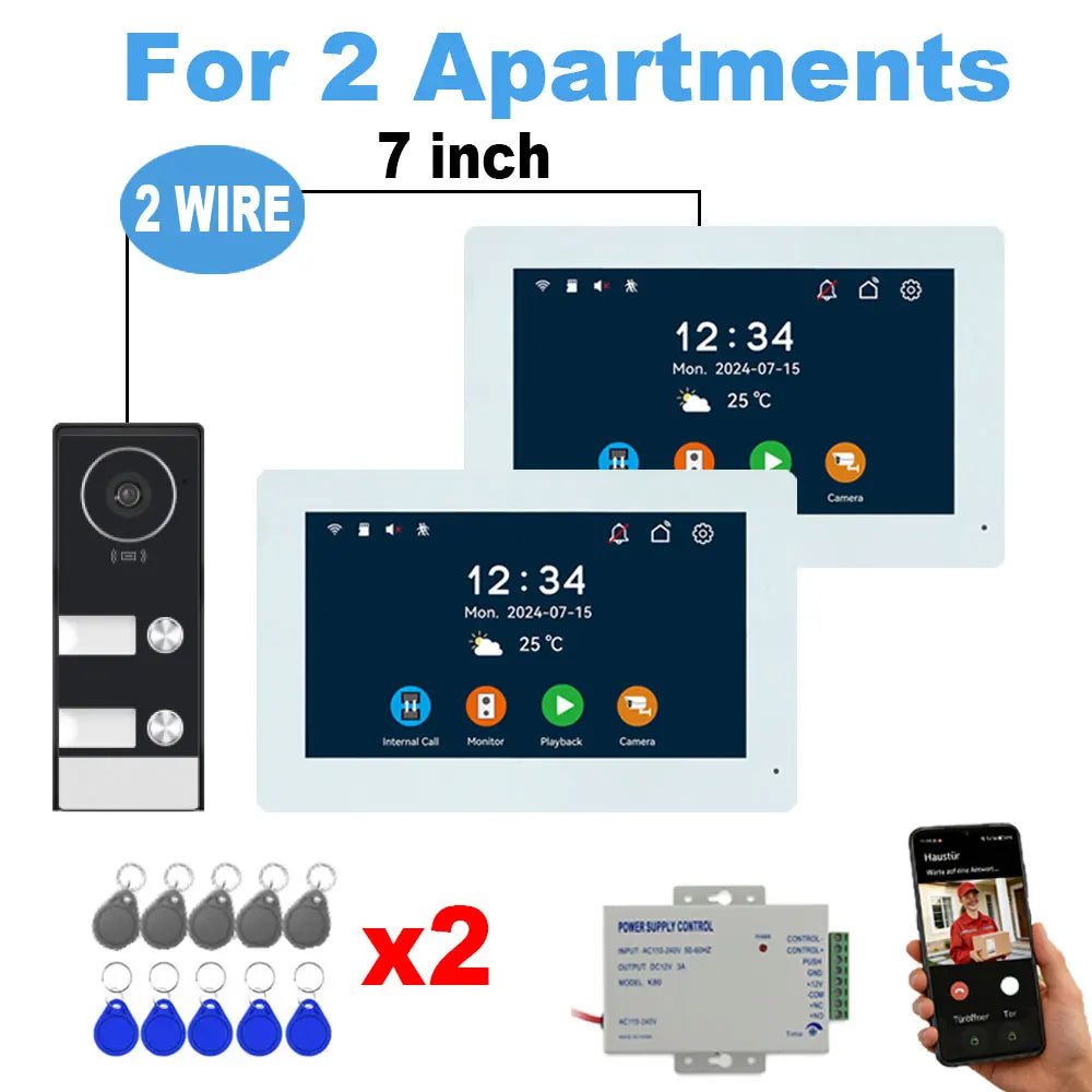 2-4 Unit Home 2 Wire 7inch Touch Video Intercom for Apartments Residential Video Door Phone System with RFID Card APP Unlock ﻿