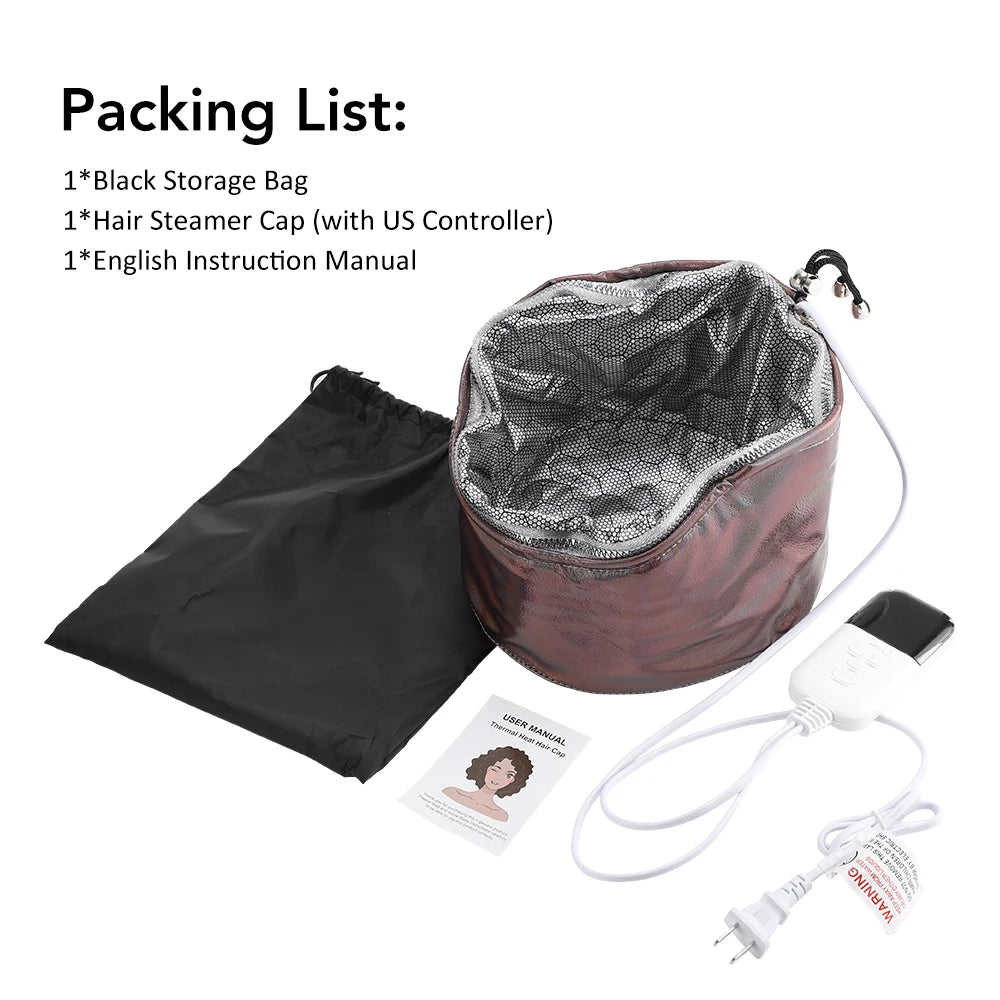 Brown hair steamer cap with heat controller, silver insulated lining, storage bag, and manual for deep conditioning.