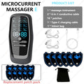 Black handheld microcurrent massager with digital display, conductive cables, sixteen muscle patches, and velvet bag.