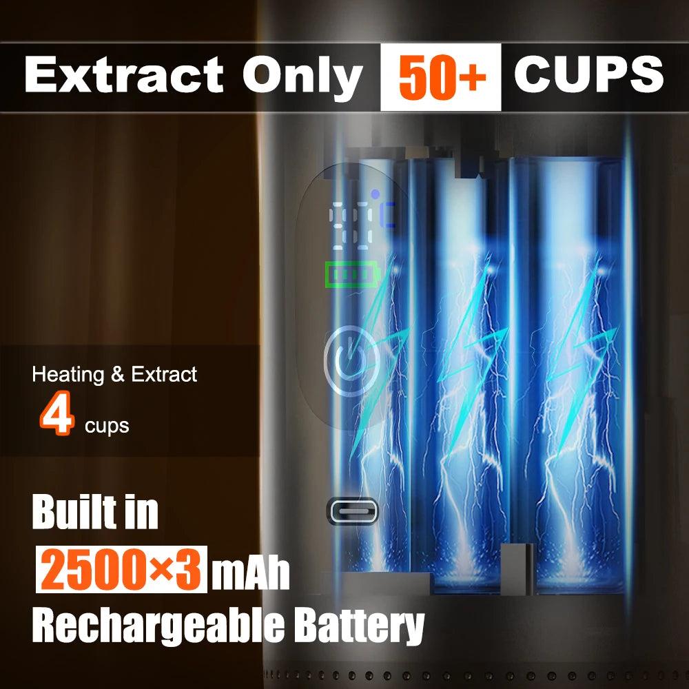 Portable coffee maker with 7500mAh rechargeable battery, digital display, and 50-cup extraction capacity.