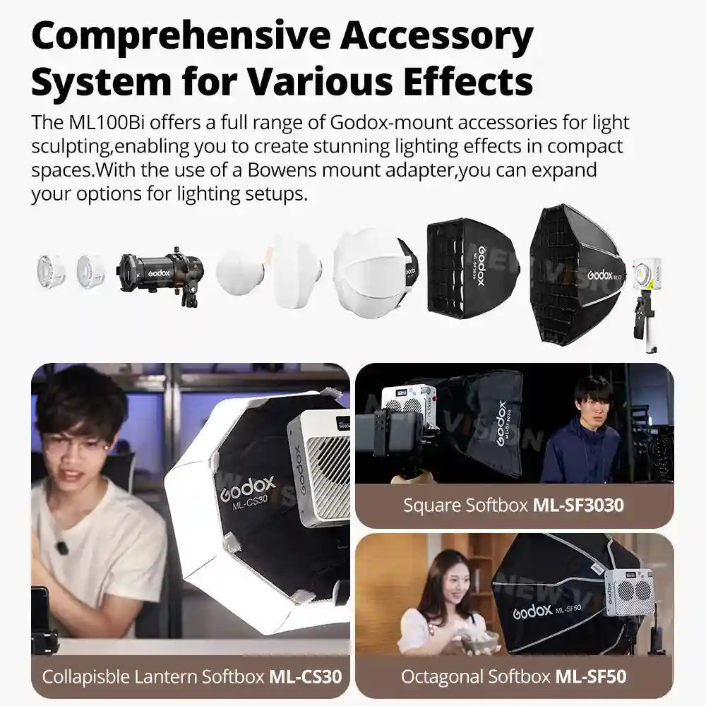ML100Bi light with black and white fabric softboxes in square, lantern, and octagonal shapes for lighting modification.