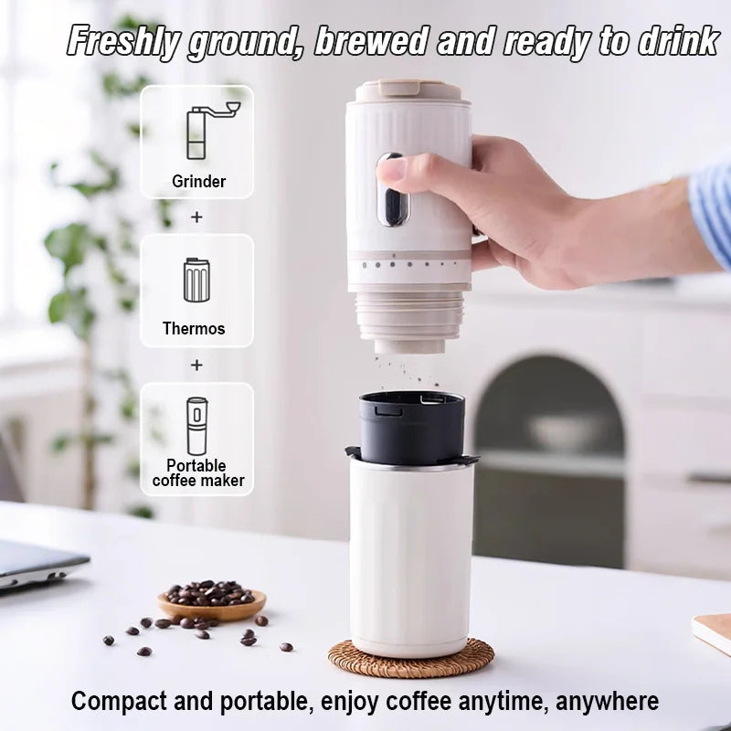 Portable 3-in-1 white coffee maker with integrated manual grinder and thermos for brewing fresh coffee on the go.