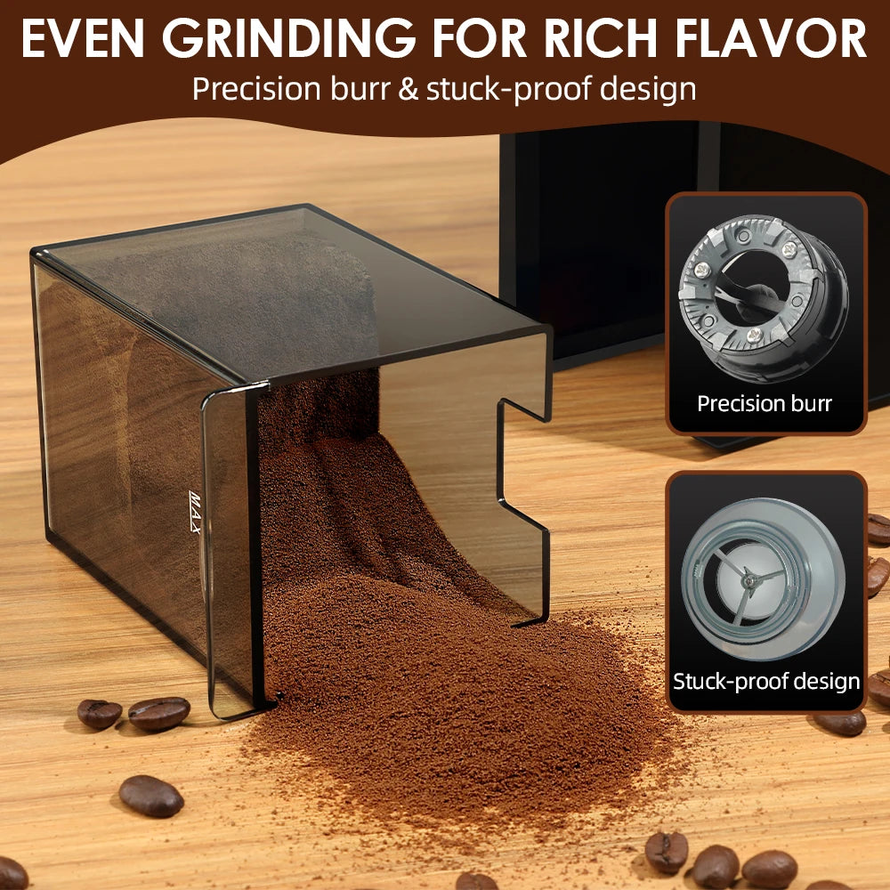 Clear plastic coffee grinder grounds container with precision burr and stuck-proof design for even coffee grinding.