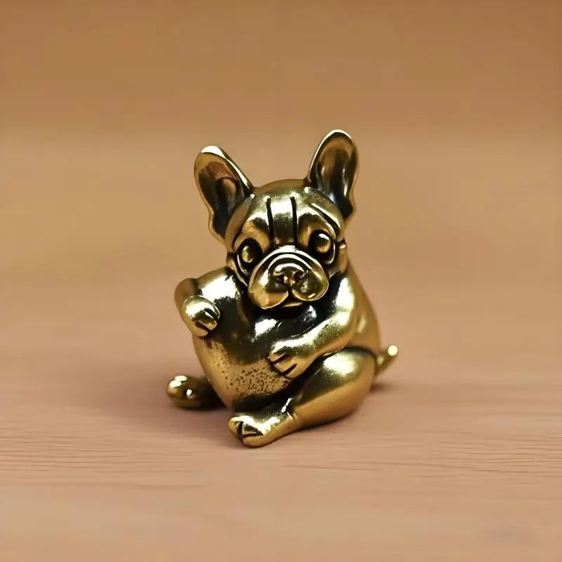 Small vintage brass puppy figurine, decorative solid metal dog sculpture for home decor or unique tea pet collectible.