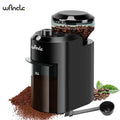 Winlce black electric burr coffee grinder with adjustable grind settings and clear bean hopper on white background.