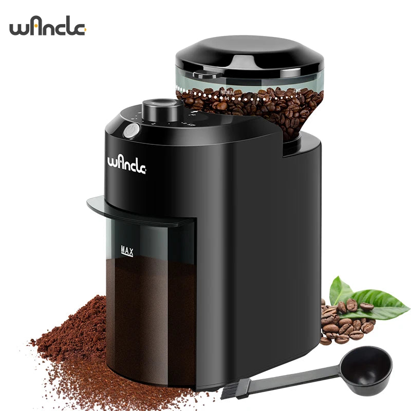 Winco black electric burr coffee grinder with bean hopper, grind settings, and ground coffee collection container.