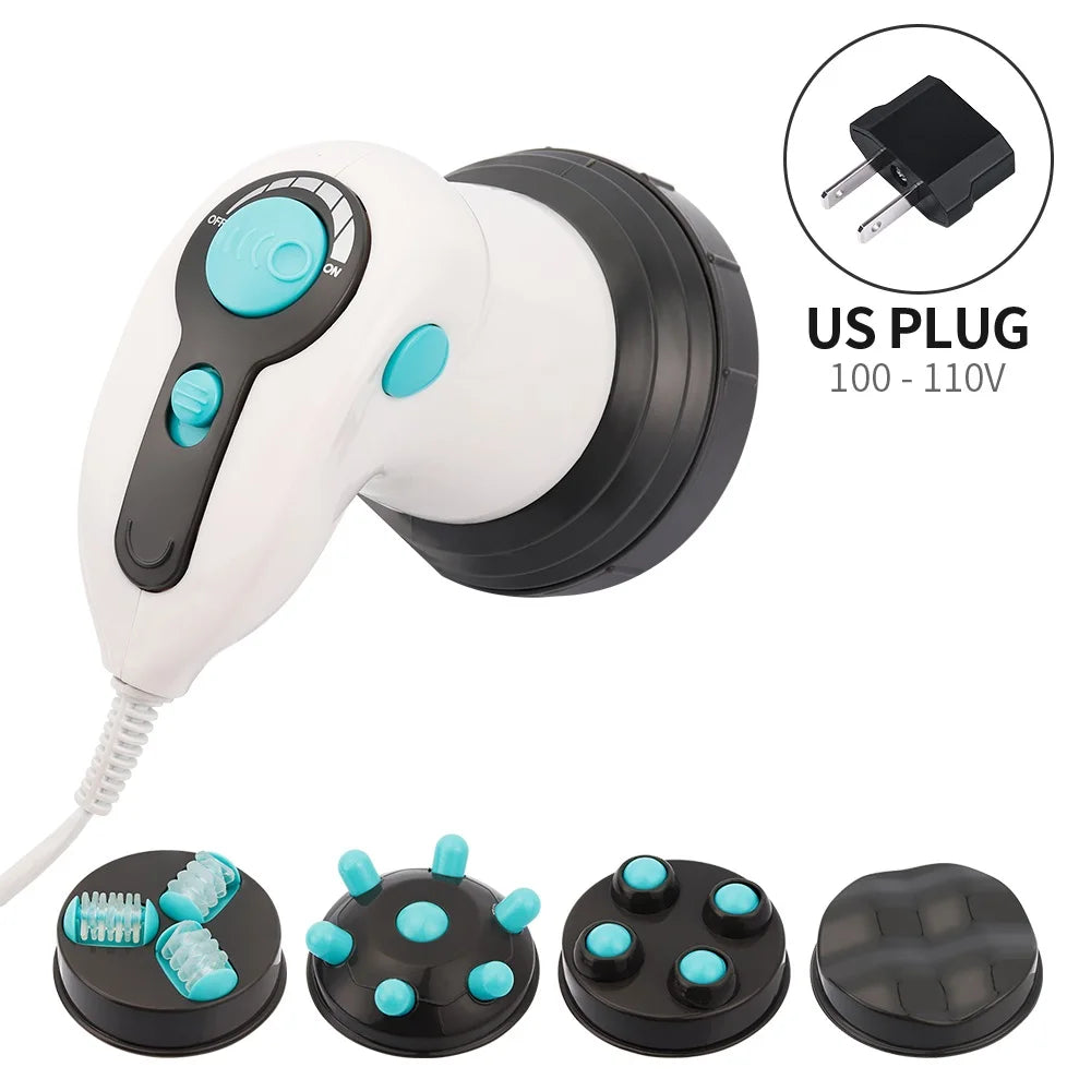 Handheld electric body massager with four interchangeable massage heads, white and black casing, and a US power plug.