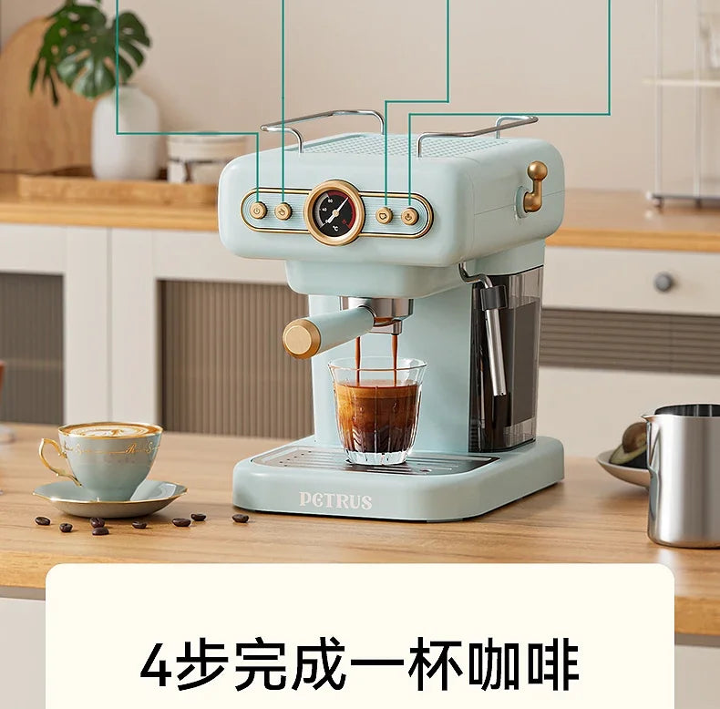 Petrus light blue espresso machine brewing coffee with pressure gauge and portafilter on a wooden kitchen counter.