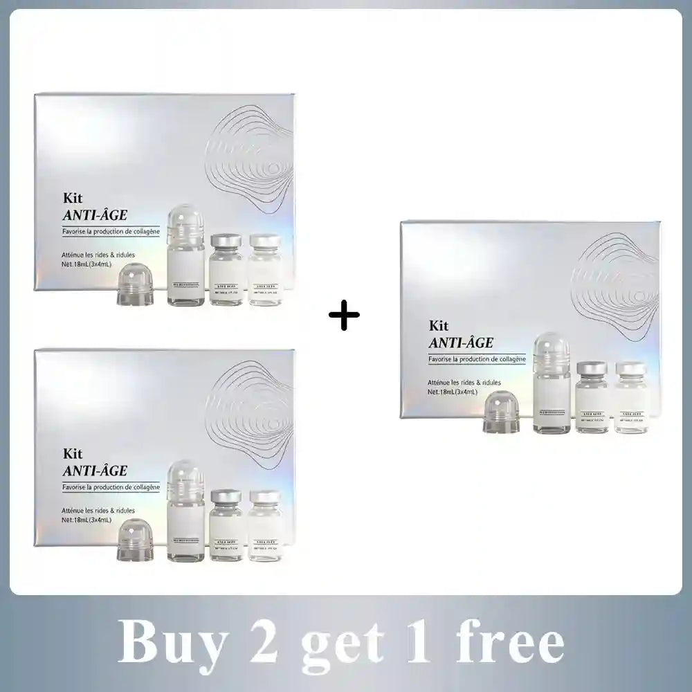 Deep Action Collagen Essence Anti-Aging Skin Care Set with vials and roller bottles for lifting, hydrating, and pores.