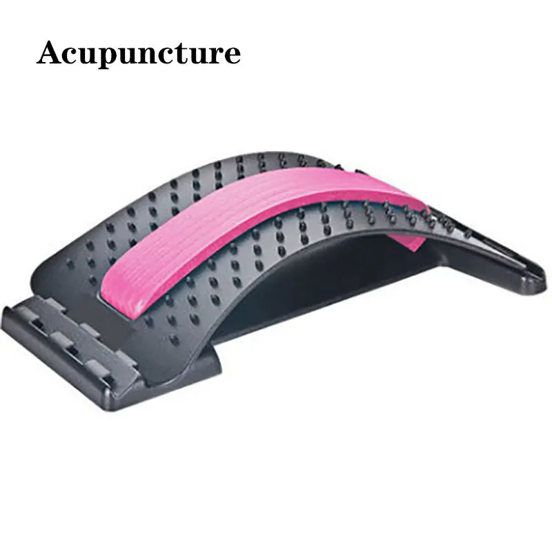 Adjustable plastic back stretcher with acupuncture-style pressure points and a central pink cushion for back pain