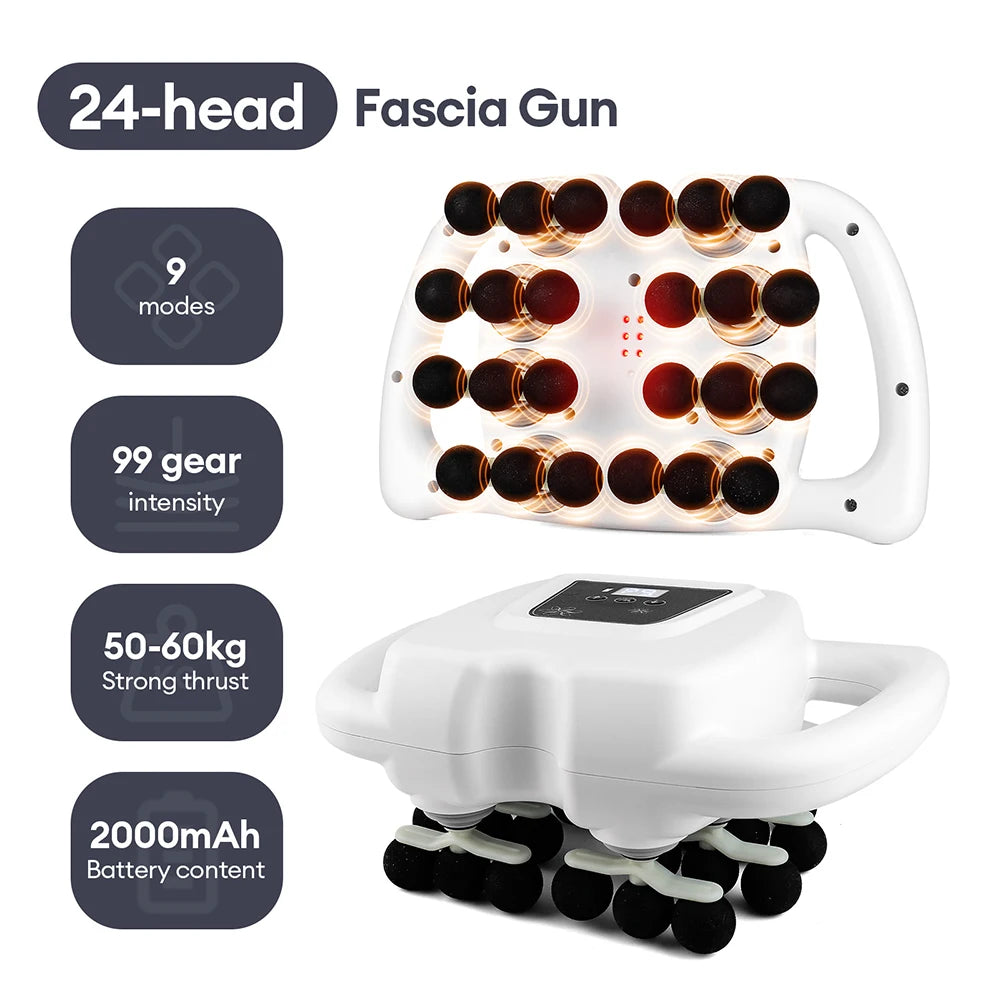 24-head fascia massage gun in white plastic with black massage nodes for muscle recovery and deep tissue therapy.
