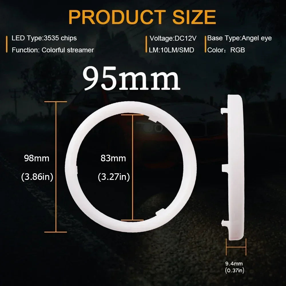95mm RGB LED angel eye ring for car headlights, showing dimensions and circular shape with a 9.4mm thickness.