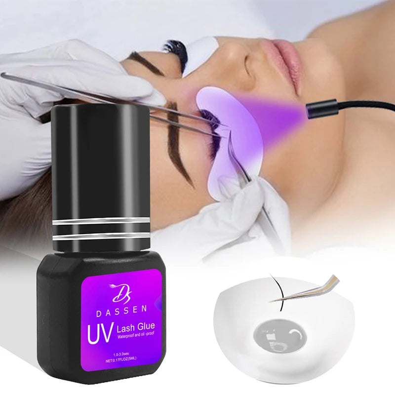 Dassen 5ml fast-drying UV eyelash extension glue in a black bottle with a purple label and clear adhesive drop.