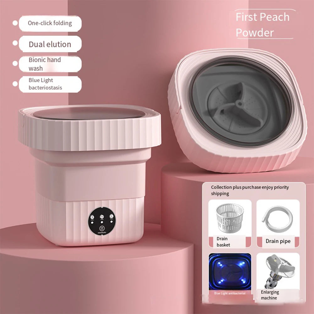 Pink folding automatic shoe washer with round lid opening and front control panel