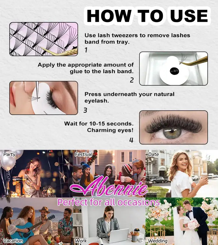 "How to use" guide for black ABONNIE premade volume Russian eyelash extension fans with 4-step application instructions.