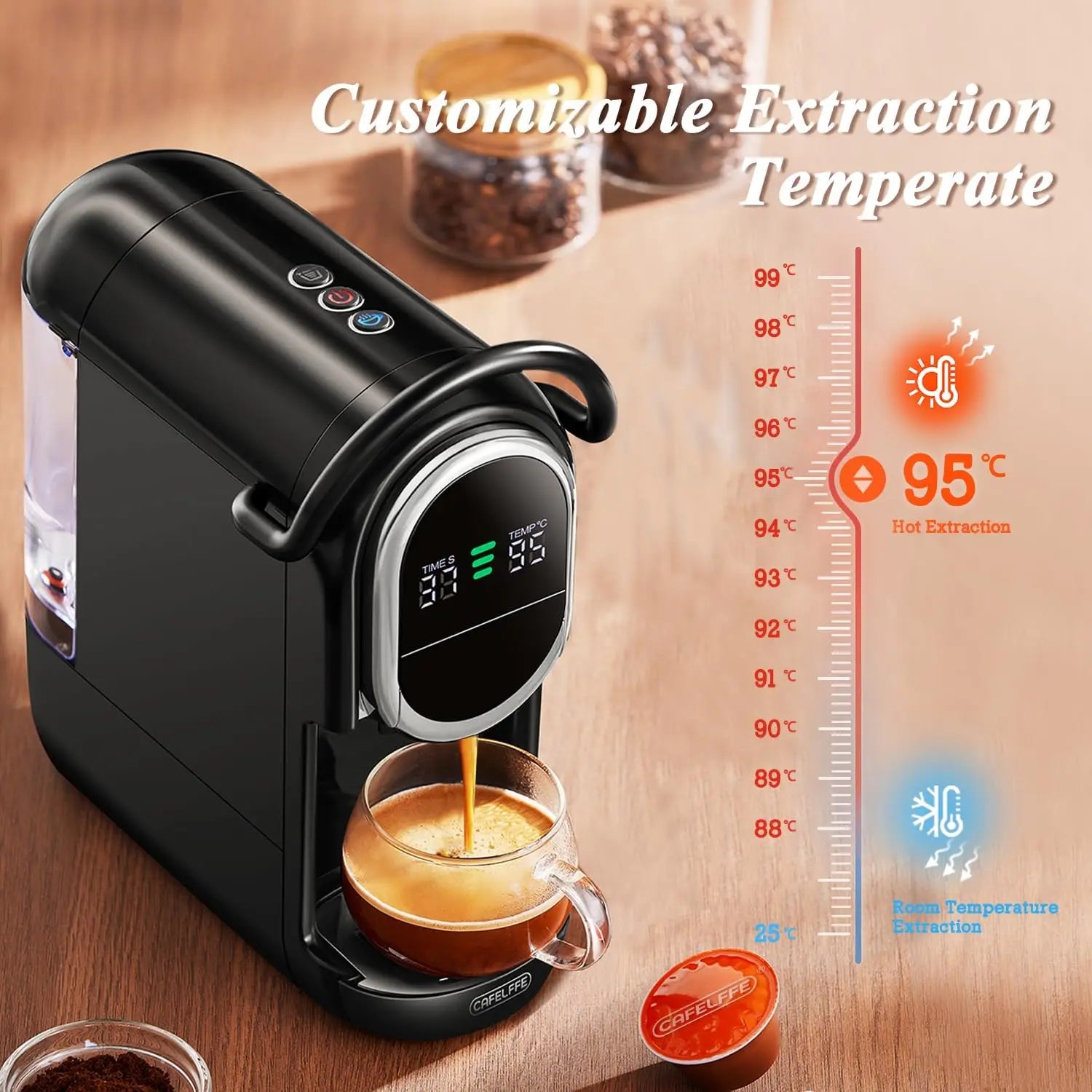 Cafelffe black capsule coffee machine with digital temperature control brewing espresso into a clear glass cup.