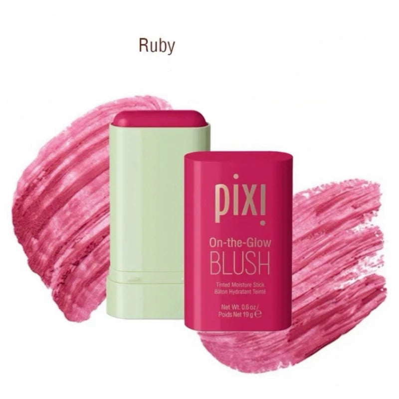 Tidesmit Pixi On-the-Glow buildable blush stick in ruby and juicy shades for hydrating natural cheek makeup glow