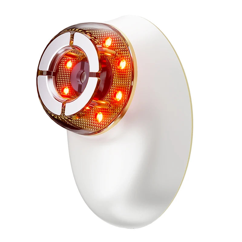White, handheld facial device with a circular treatment head featuring gold accents and glowing red LED lights.
