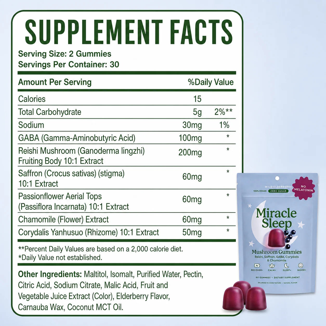 Melatonin-Free Mushroom Sleep Gummies with Reishi, GABA, Saffron & Chamomile, Wild Elderberry, Calm Night Support, 60 Count