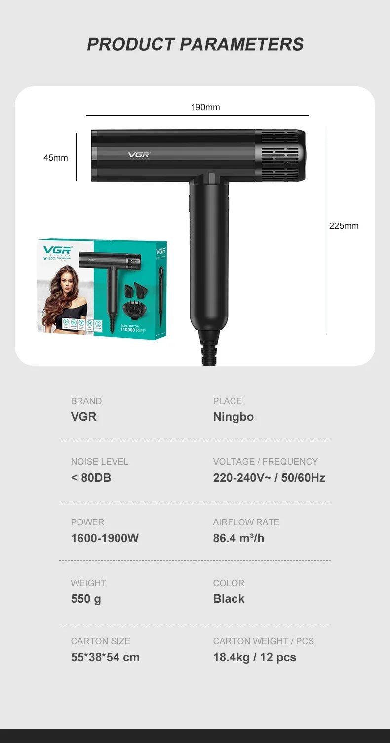 VGR V-427 black leafless professional hair dryer with magnetic attachments and 110k RPM brushless motor.