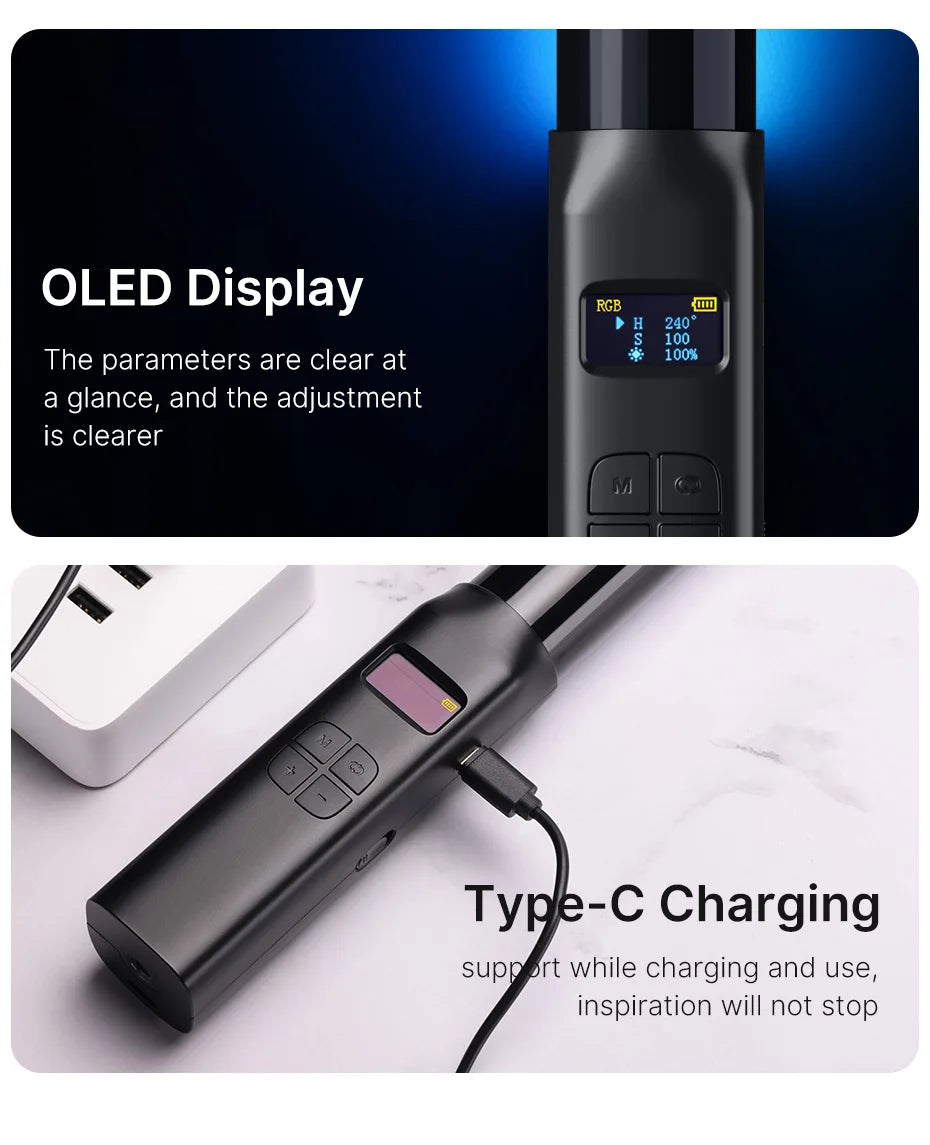 Black cylindrical LED light wand with OLED parameter display, control buttons, and Type-C charging port for mobile use.