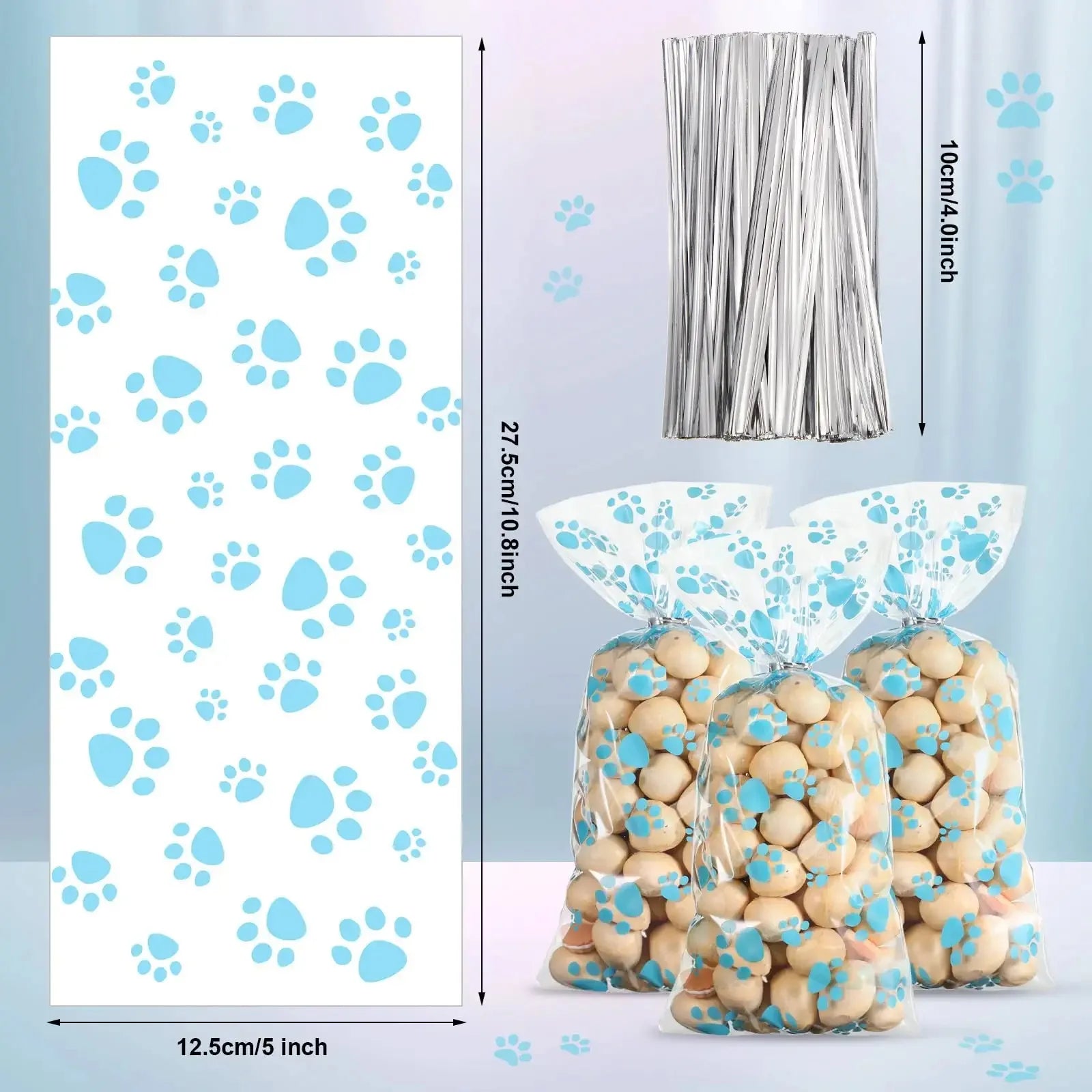 Clear cellophane paw print treat bags for dog or cat birthday party favors, heat sealable with silver ties.