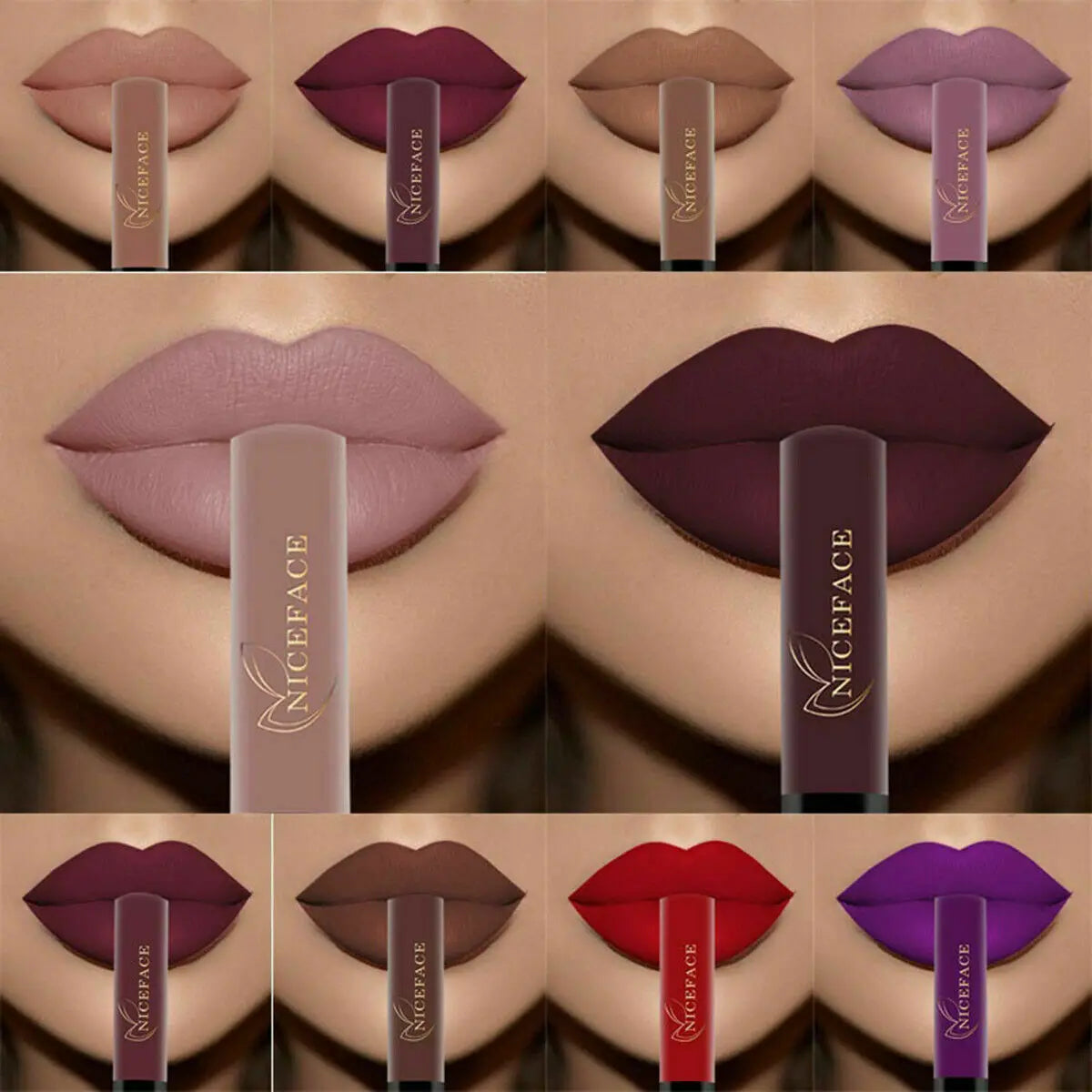 Niceface 25-color waterproof liquid lipstick set with a long-lasting matte finish on various lip shades.
