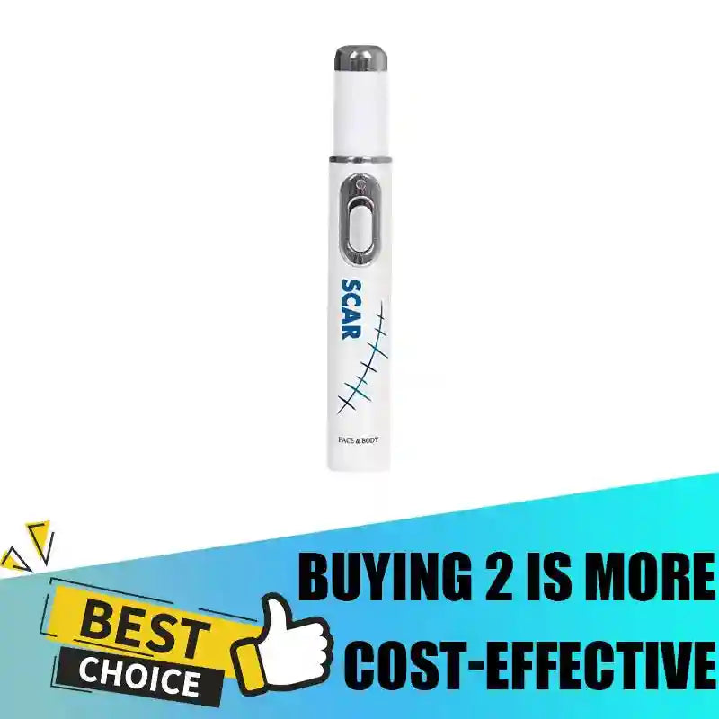 White handheld scar treatment pen with a silver applicator tip and button for face and body skin repair.