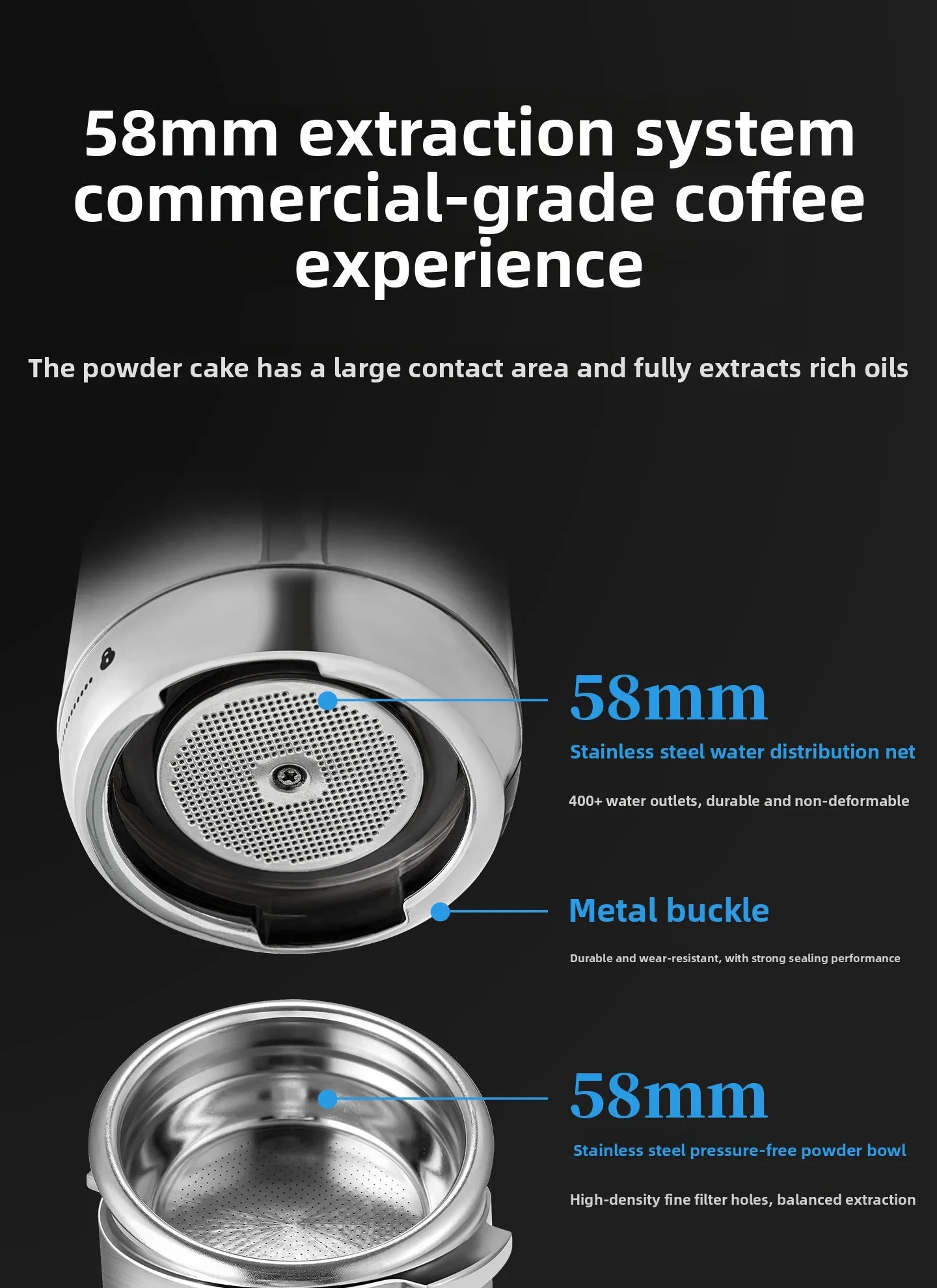 58mm commercial-grade stainless steel espresso coffee machine group head with distribution net and powder bowl.