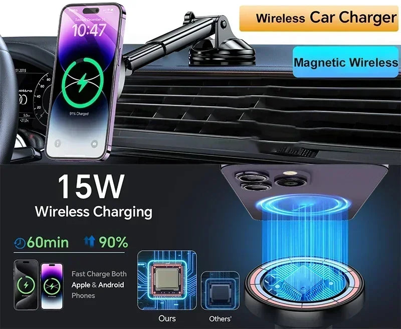 Magnetic Wireless Car Charger for iPhone 16-13 - Fast Qi Charging Tidesmit