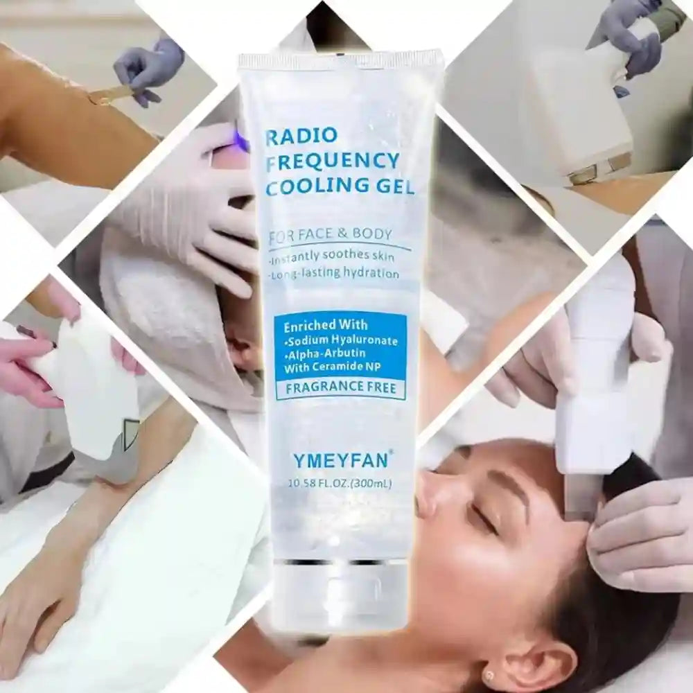 Radio frequency cooling gel in a 300ml clear squeeze tube for face and body skin treatments.