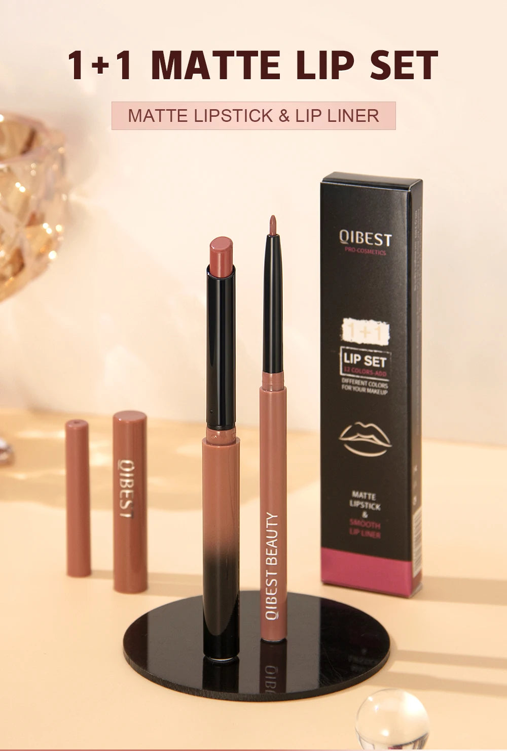 QIBEST 2pcs nude matte lipstick and lip liner pencil set with smooth velvety finish and elegant black packaging.