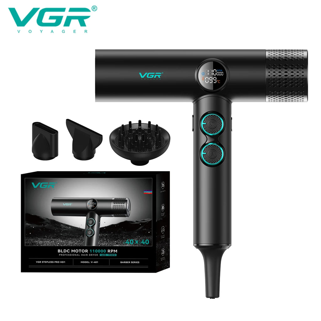 VGR V-401 professional 110,000 RPM hair dryer with digital display, 3 attachments, and sleek black salon design.
