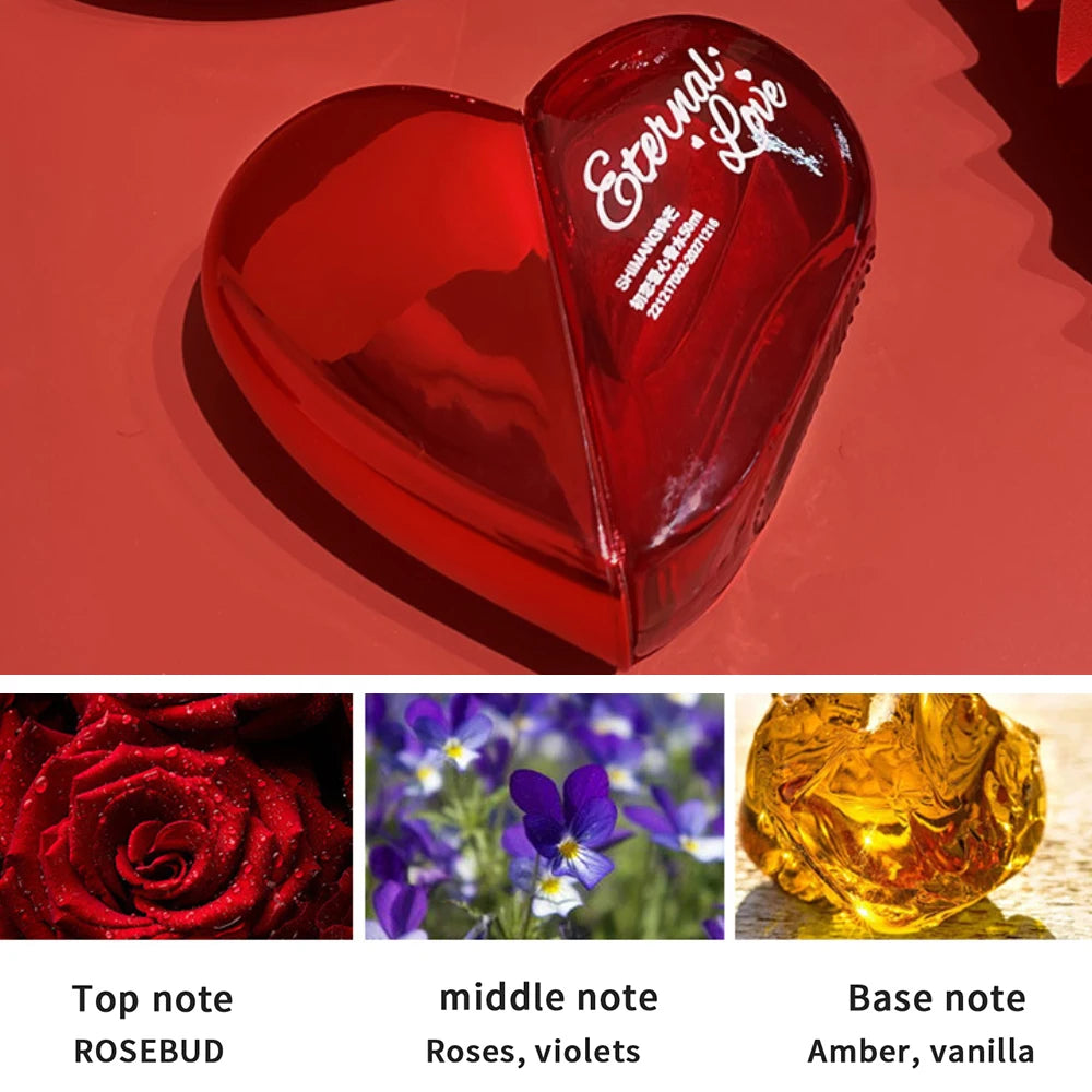 Shimang Eternal Love EDP for women: heart-shaped red perfume bottle, rose, violet, amber, vanilla floral fragrance.