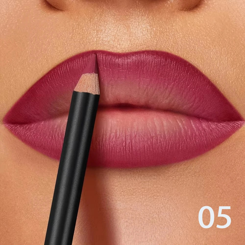 Long-lasting waterproof matte lip liner pencil applying a rich berry-pink shade to define lips for a smooth finish.