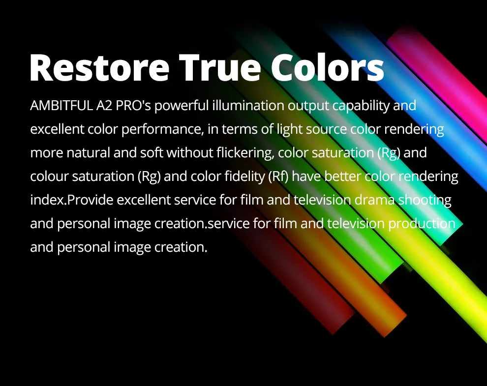A2 Pro tube light emitting vibrant rainbow-colored illumination for film, television, and creative photography.