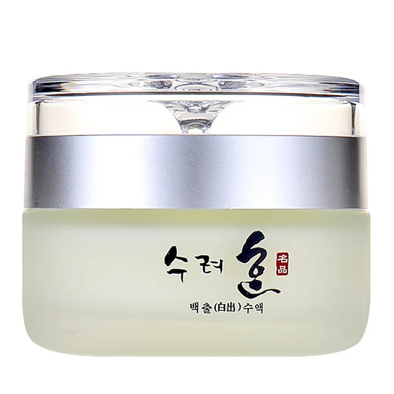 A 50g jar of Korean face cream with a frosted glass base, silver band, and transparent lid, featuring black text.