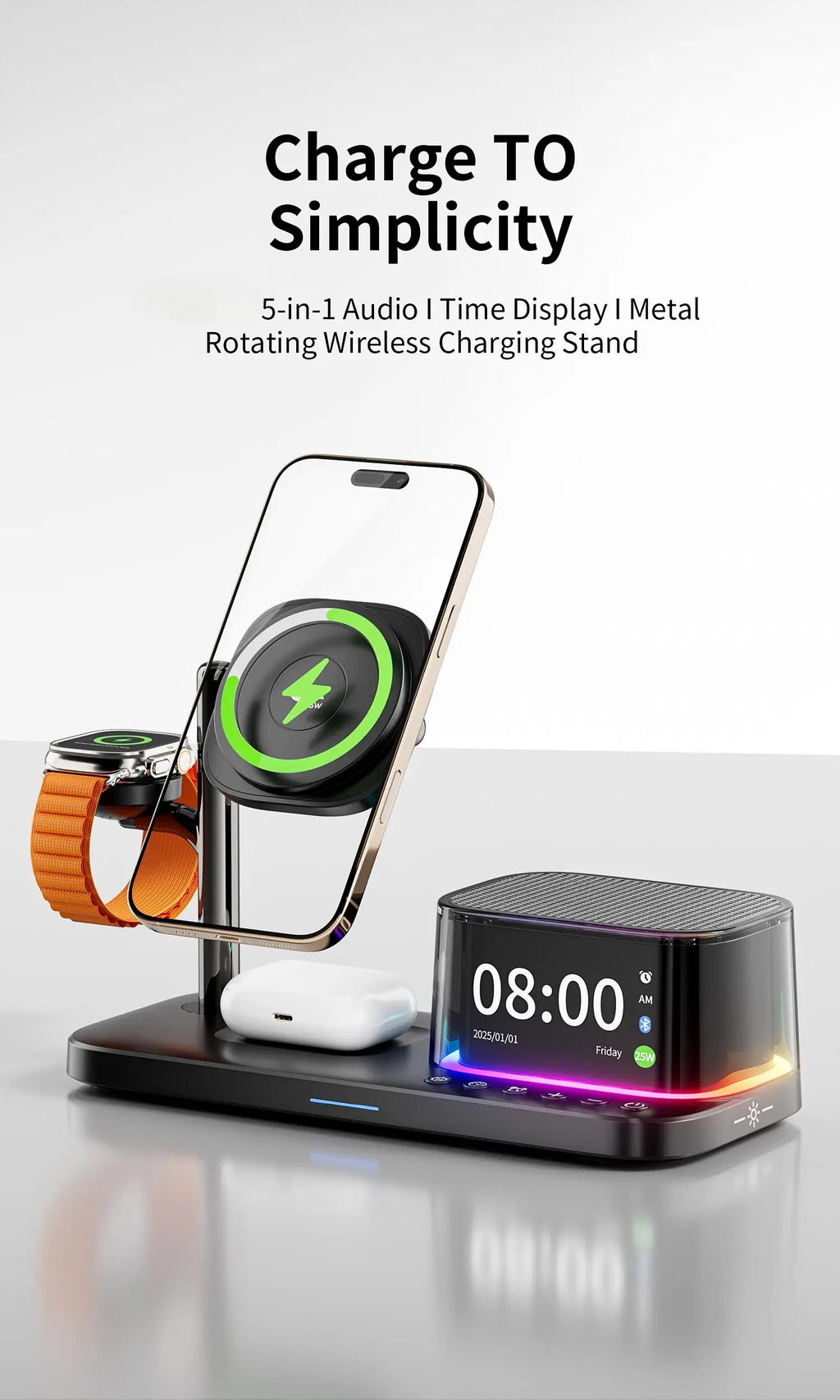 5-in-1 Magnetic Wireless Charger Stand with Speaker - 25W Qi2 Certified Tidesmit