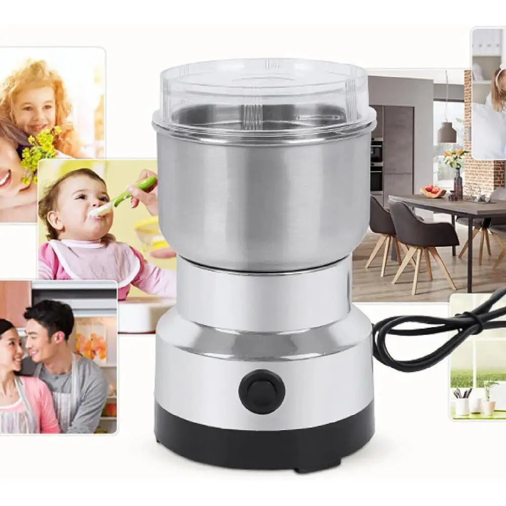 Compact stainless steel electric coffee and spice grinder with clear lid and black power button for home use.
