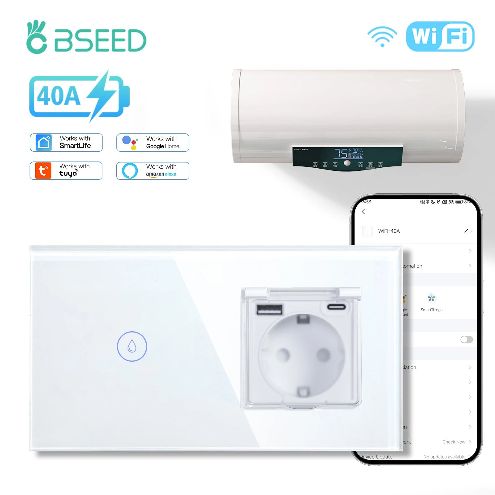 BSEED Wifi Smart Water Heater Switches Touch Boiler Switches 40A Plus EU Waterproof Socket For Kitchen Batroom Tuya Smart Life