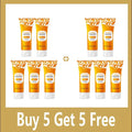 Ten tubes of orange POUQUR exfoliating peeling gel displayed in a "Buy 5 Get 5 Free" promotional format.
