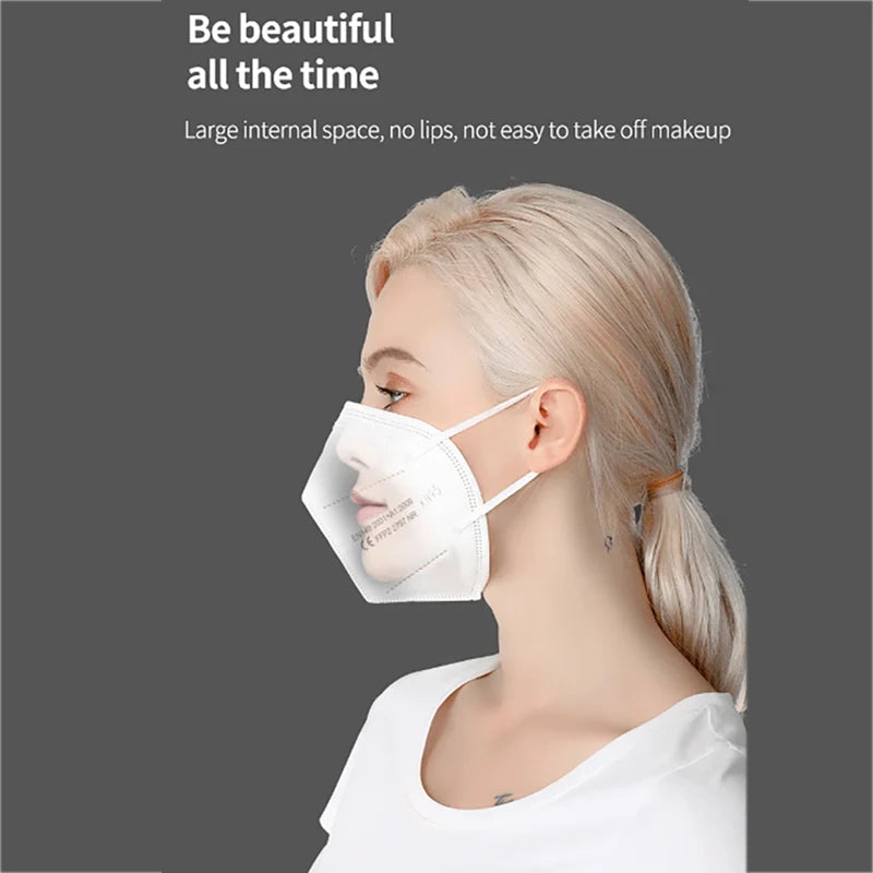 Woman wearing a white 5-layer FFP2 KN95 face mask designed to protect lipstick and makeup from smudging.
