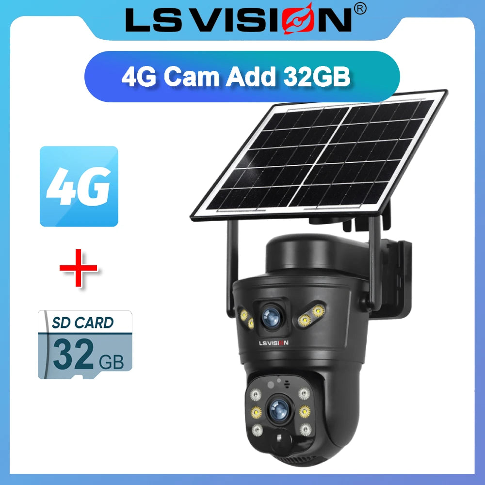 LS VISION Dual-Screen 4G/Wifi Outdoor Solar Camera Security 4K PIR Human Tracking CCTV Surveillance Camera V380 Pro Waterproof
