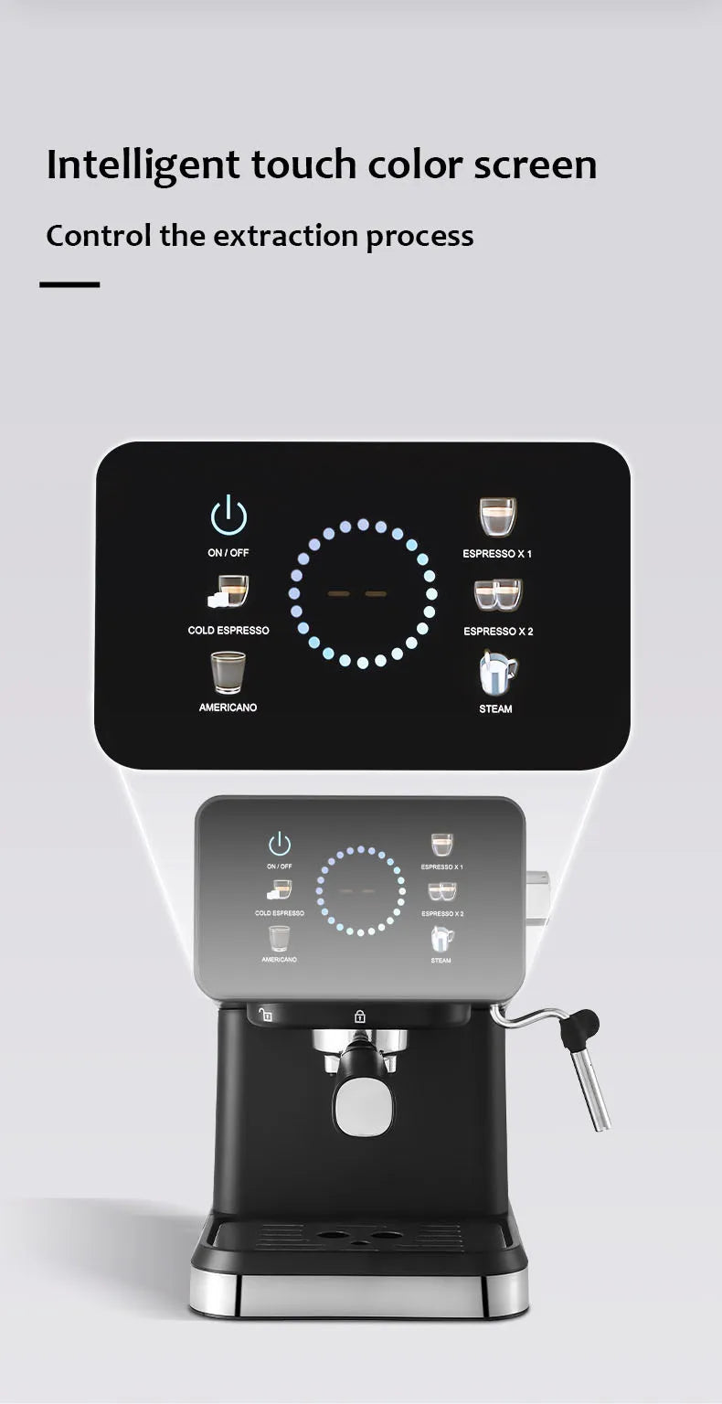 Black espresso machine with intelligent touch color screen for easy control of coffee extraction and steam settings.