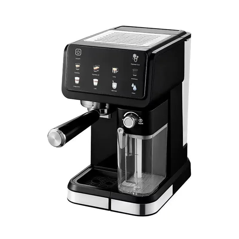 Black digital espresso machine with milk frother and touch control panel for home coffee brewing.