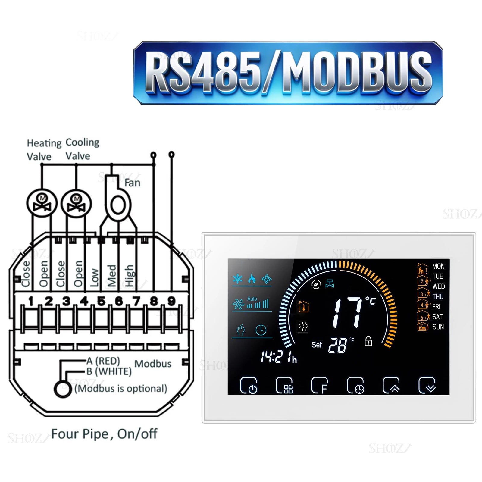 Wifi/RS485/Zigbee Thermostat Air Conditioning 3 Fan Coil Unit Home Cooling/Heating 2/4 Pipe Temperature Controller with Alexa