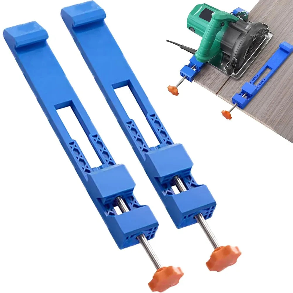 Blue adjustable edge guide clamps, two rails with orange knobs and guide channels