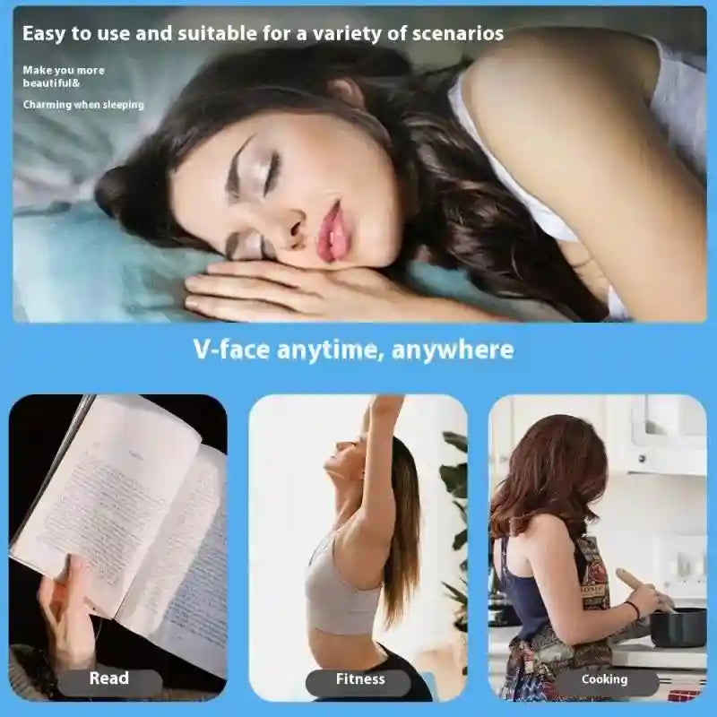 A woman wearing a beige fabric chin and cheek slimming strap while sleeping, reading, exercising, and cooking.