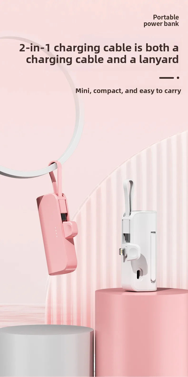 Portable Charger 5000mAh with Built-in Cable - Compact Fast Power Bank Tidesmit