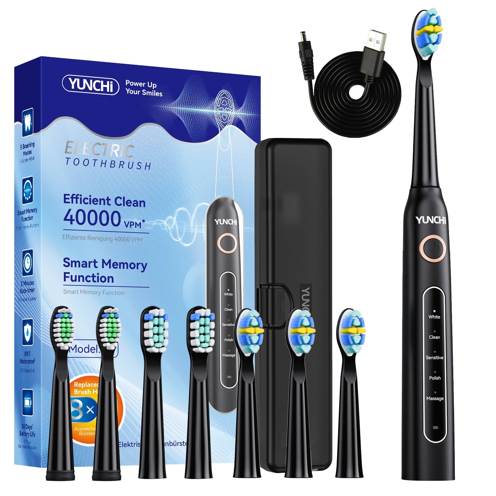 YUNCHi Y5 Sonic Electric Toothbrush Adult Timer Brush USB Rechargeable Electronic Tooth Brush Heads Replacement